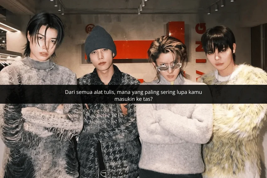 Empat orang berpose dengan gaya fesyen modern di dalam ruangan bergaya industrial dengan pencahayaan hangat dan latar bertulisan merah.