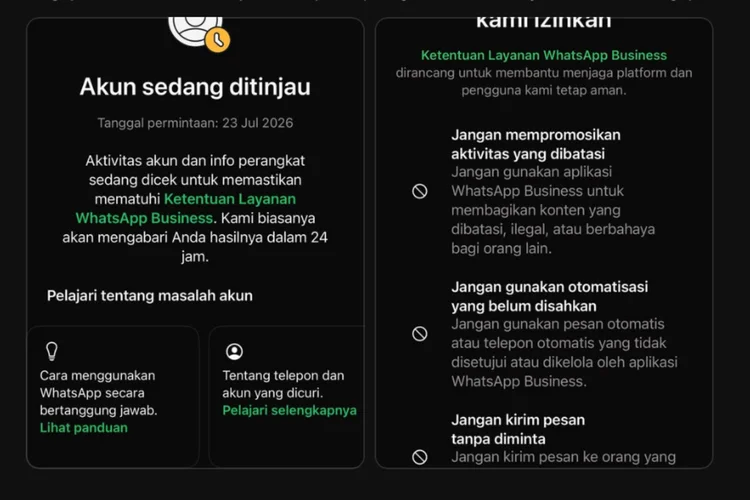 Tampilan antarmuka WhatsApp akun sedang ditinjau.