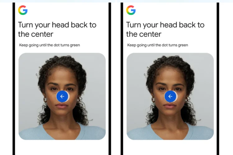 Ilustrasi proses pengaturan fitur login dengan video selfie di Google Account. Pengguna diminta menghadap kamera dan mengikuti beberapa gerakan kepala sebagai bagian dari proses verifikasi.