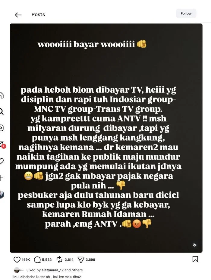 Unggahan Inul Daratista bongkar gaji yang belum dibayar stasiun TV.