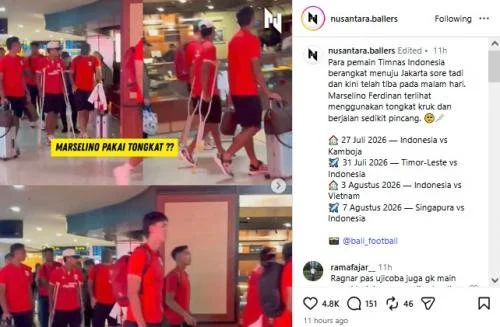 Marselino Ferdinan jalan pakai tongkat. (Foto: Instagram/@nusantara.ballers)