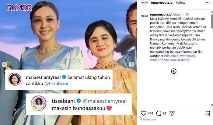Maia Estianty ucapkan selamat ulang tahun ke Tissa Biani. Netizen seret nama Syifa Hadju.