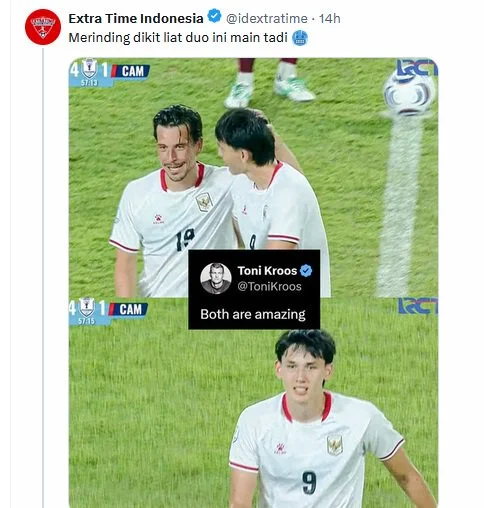 Toni Kroos terlihat seperti memuji Mitchell Baker dan Thom Haye. (Foto: X/@idextratime)