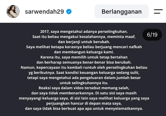 Sarwendah tuding Ruben Onsu selingkuh lebih dari sekali pada 2017, sebut jadi pemicu kandasnya rumah tangga.