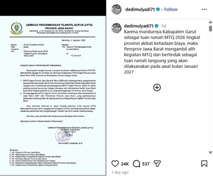 Postingan Dedi Mulyadi soal mundurnya Kabupaten Garut sebagai tuan rumah MTQ Jawa Barat 2026.