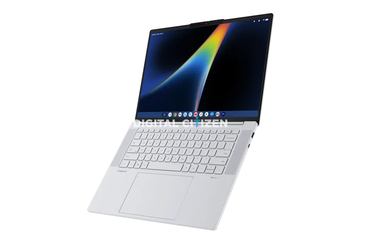 Ilustrasi gambar render laptop Lenovo Googlebook 15 dengan layar dibentangkan.