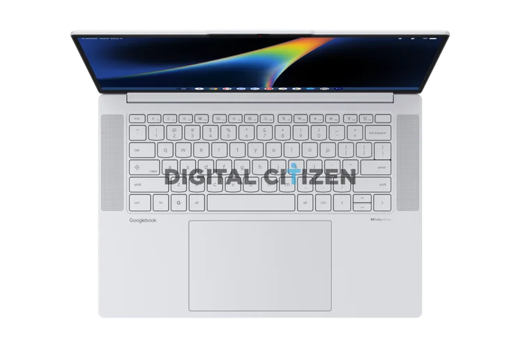 Ilustrasi gambar render laptop Lenovo Googlebook 15 untuk bagian keyboard dan speaker.
