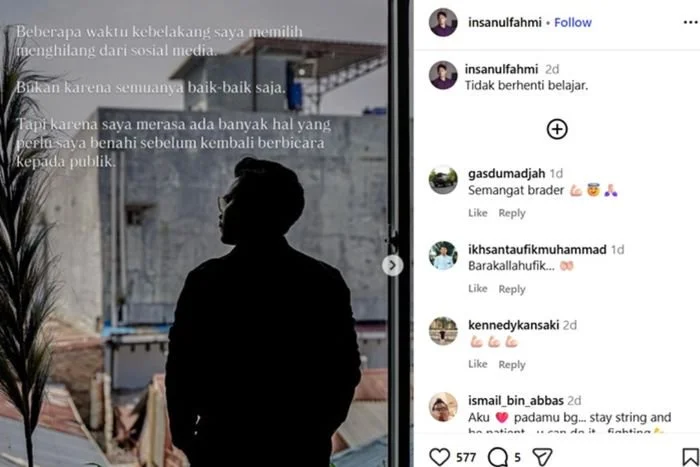 Postingan Insanul Fahmi yang ungkap alasan dirinya menghilang dari dunia maya usai resmi cerai dari Wardatina Mawa.