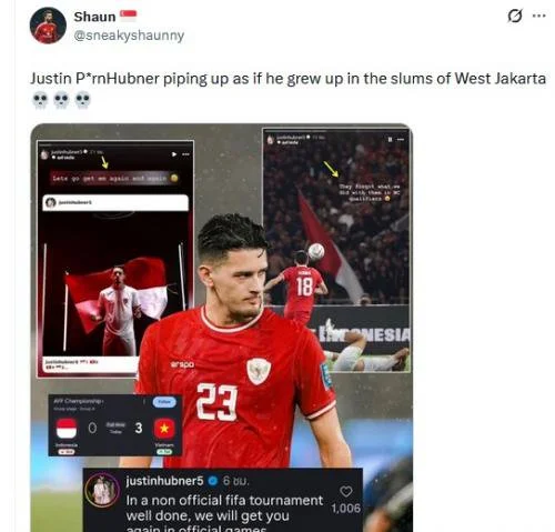 Justin Hubner mendapat sindiran dari masyarakat Singapura. (Foto: X/@sneakyshaunny)