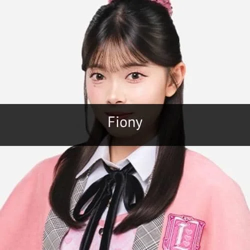 Seorang anggota grup idola JKT48 mengenakan seragam berwarna pink dan abu-abu dengan pita hitam di leher.
