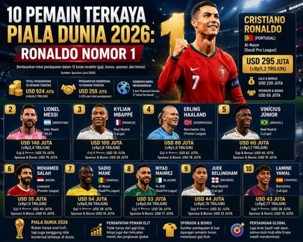 10 Pemain Terkaya Piala Dunia 2026: Ronaldo Nomor 1