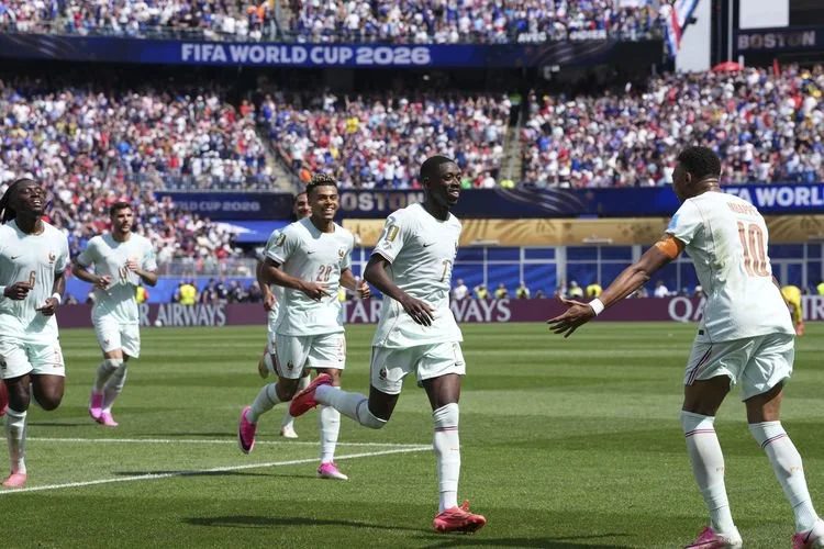 Ousmane Dembele merayakan gol bersama rekan-rekan setimnya dalam pertandingan Grup I antara Norwegia dan Prancis pada Piala Dunia 2026 di Boston Stadium, Boston, Amerika Serikat, 26 Juni 2026.