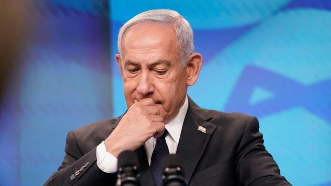 Israeli Prime Minister Benjamin Netanyahu reacts at a joint press conference with U.S. Secretary of State Marco Rubio (not pictured) at the Prime Minister's Office, during Rubio's visit, in Jerusalem, September 15, 2025. REUTERS/Nathan Howard/Pool