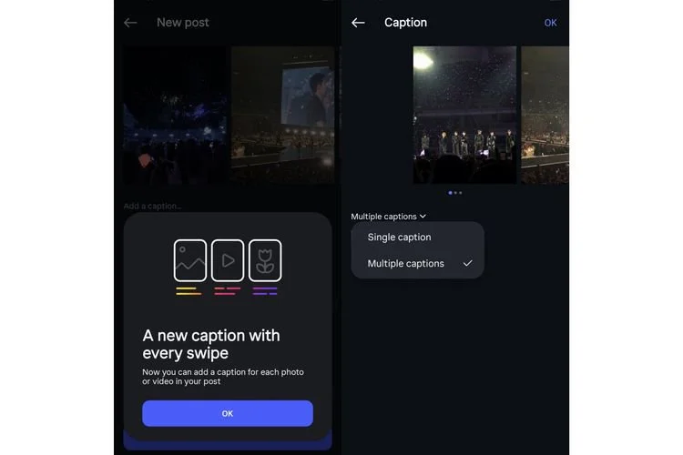 Jika opsi multiple captions diaktifkan, pengguna dapat menulis keterangan berbeda pada masing-masing foto atau video.
