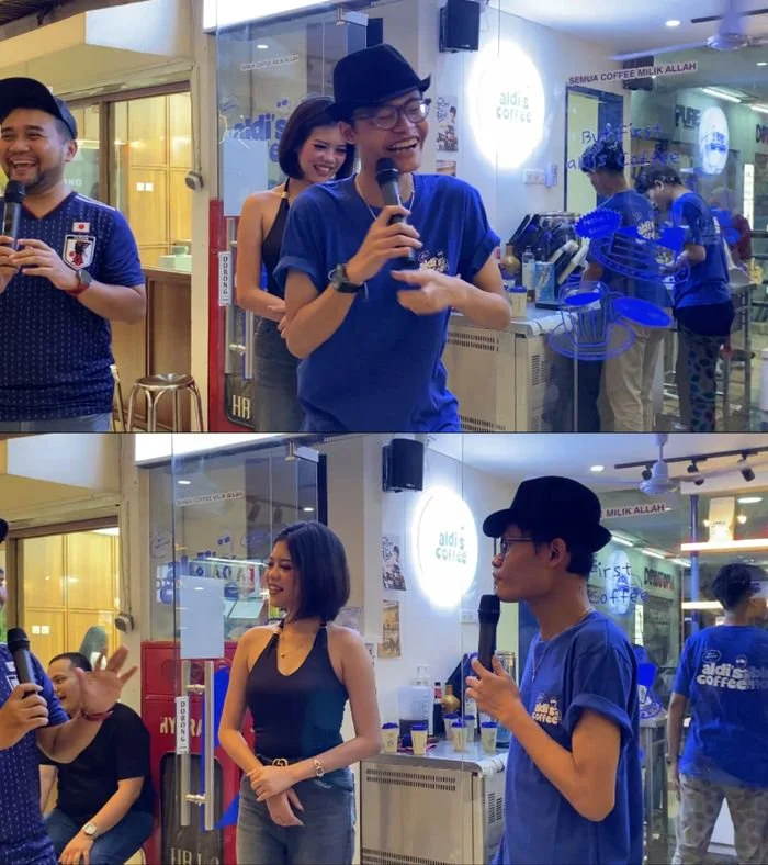 Sony Wakwaw ikut meramaikan peluncuran bisnis terbaru milik Aldi Taher, yakni Aldi&rsquo;s Coffee di Blok M Hub.