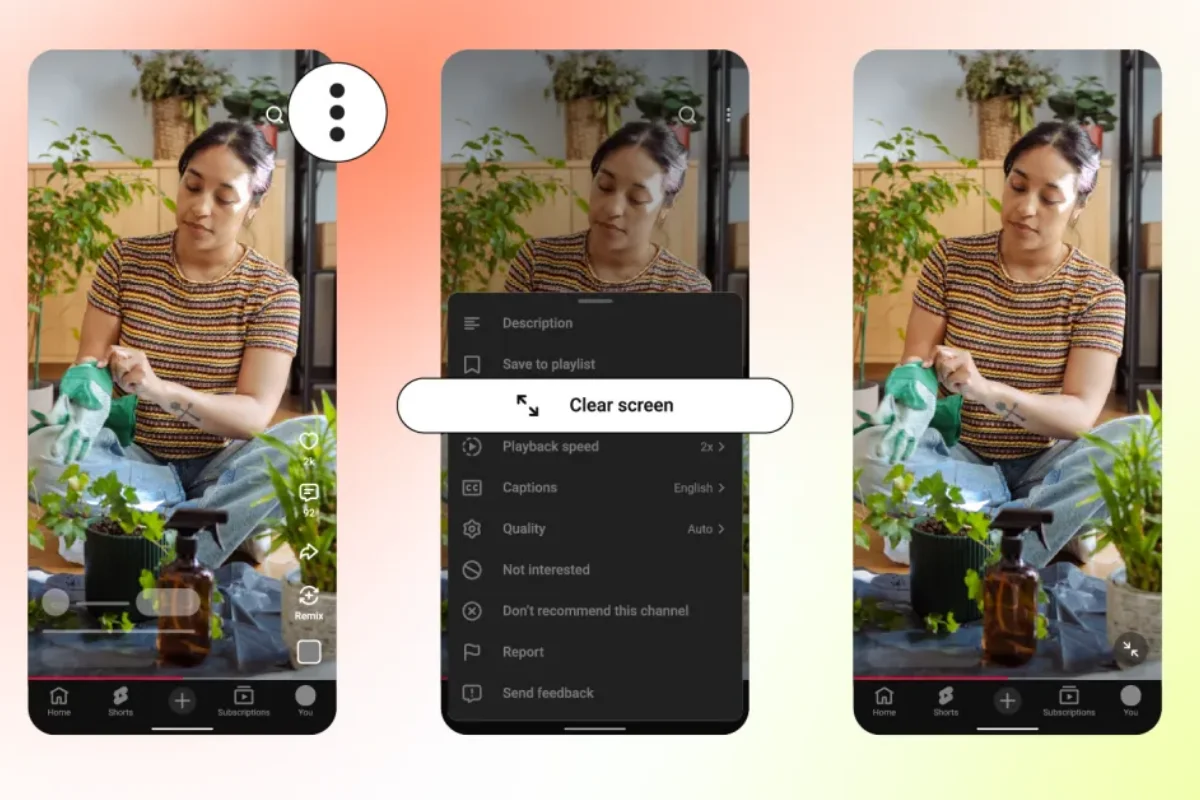 YouTube menghadirkan fitur baru bernama Clear Screen di Shorts. Fitur ini memungkinkan pengguna menyembunyikan ikon, tombol, dan teks di layar sehingga video dapat ditonton tanpa gangguan elemen antarmuka.