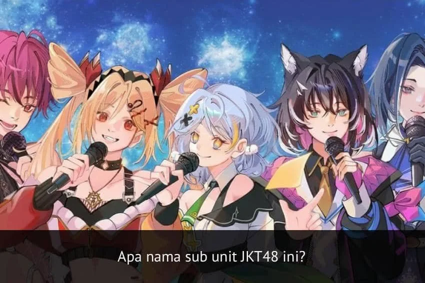 Ilustrasi lima karakter anime bergaya idol memegang mikrofon dengan latar langit malam berbintang, terinspirasi dari JKT48.