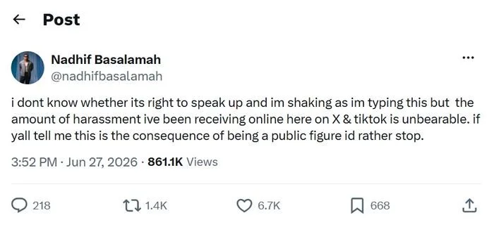 Curhat penyanyi Nadhif Basalamah yang mengaku jadi korban pelecehan verbal di media sosial.