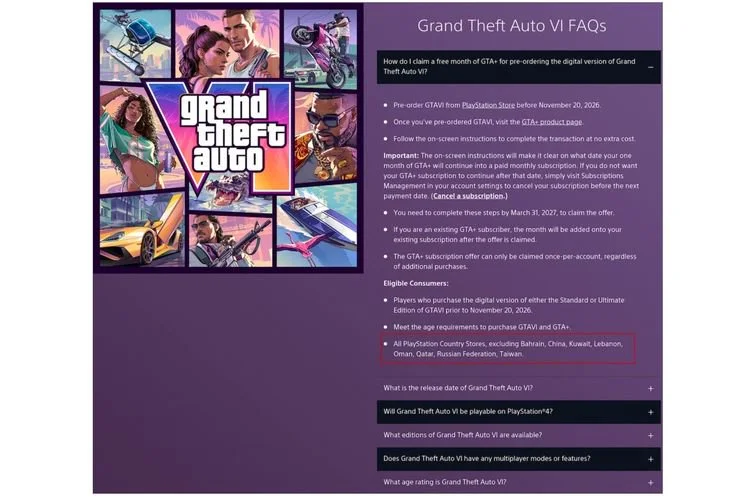 Ilustrasi laman FAQ PlayStation Store tentang GTA VI.