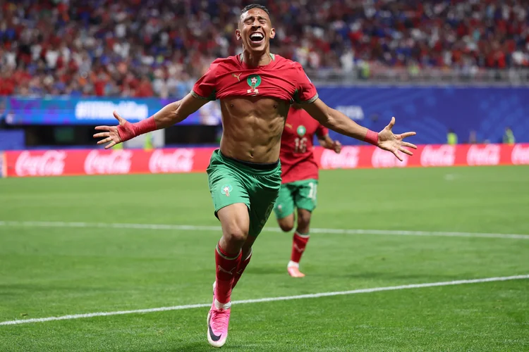 Soufiane Rahimi nomor punggung 9 dari Maroko merayakan gol ketiganya untuk timnya selama pertandingan Grup C Piala Dunia FIFA 2026 antara Maroko dan Haiti di Stadion Atlanta di Atlanta, Georgia pada Kamis (25/6/2026) pagi WIB.