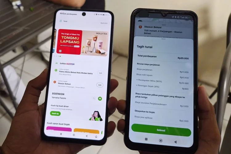 Penampakan layanan aplikasi Gojek yang menunjukkan rincian pembayaran perjalanan usai kebijakan pemotongan komisi aplikator maksimal 8 persen mulai berlaku pada Selasa (1/7/2026).