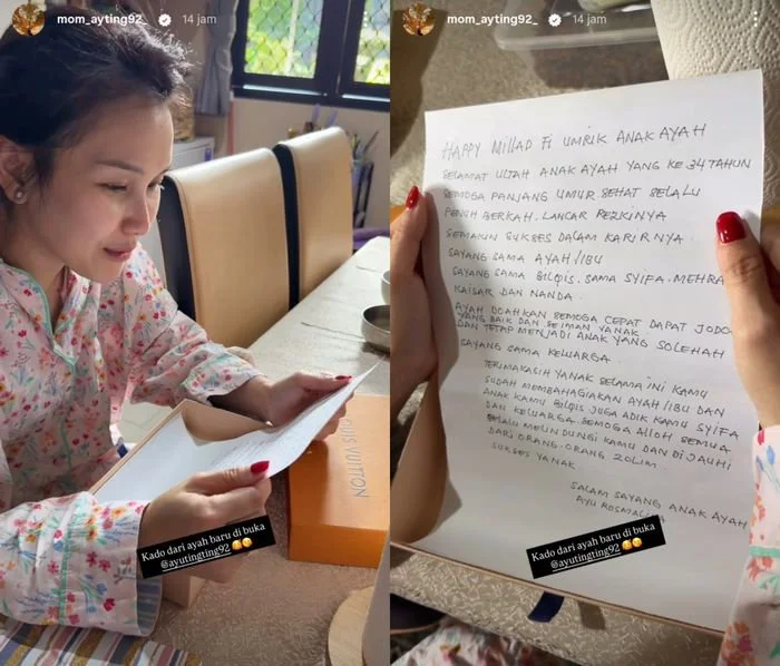 Momen Ayu Ting Ting membaca surat dari Ayah Ojak sebagai hadiah ulang tahun ke-34.