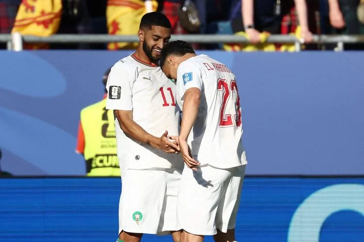 Perayaan penyerang timnas Maroko, Ismael Saibari, setelah mencetak gol dalam jadwal Grup C Piala Dunia 2026 Skotlandia vs Maroko bergulir di Stadion Boston, Foxborough, Massachusets, Amerika Serikat pada Sabtu (20/6/2026) dini hari WIB.