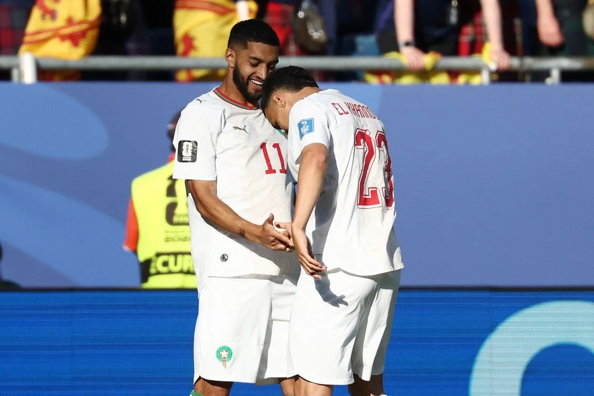 Perayaan penyerang timnas Maroko, Ismael Saibari, setelah mencetak gol dalam jadwal Grup C Piala Dunia 2026 Skotlandia vs Maroko bergulir di Stadion Boston, Foxborough, Massachusets, Amerika Serikat pada Sabtu (20/6/2026) dini hari WIB.