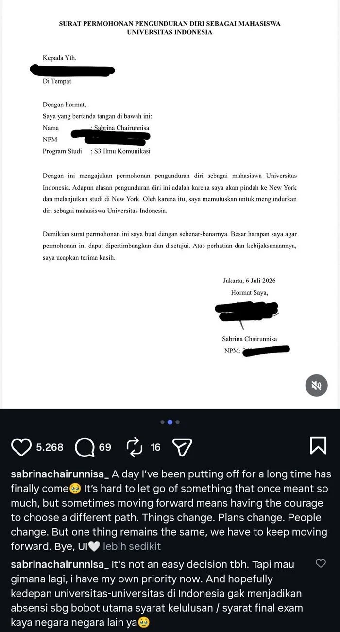 Sabrina Chairunnisa resmi mengundurkan diri dari program doktoral (S3) Ilmu Komunikasi di Universitas Indonesia (UI).