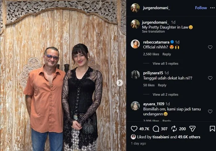 Ayah Bryan Domani, Jurgen Domani membagikan potret kebersamaannya dengan Mawar De Jongh dan menyebutnya menantu.