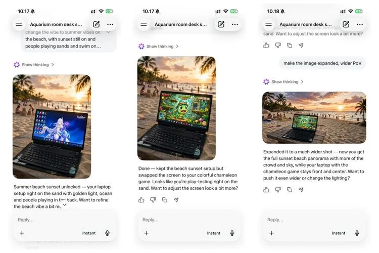 Meta AI mengedit gambar laptop di atas meja dengan pemandangan pantai, sekaligus mengganti wallpaper laptop dan mengubah bidang pandang gambar jadi lebih lebar.