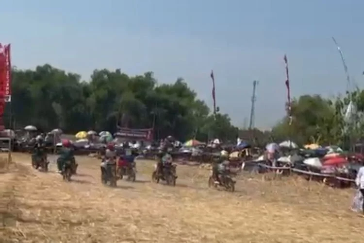 RIBUAN PENONTON—Balapan bandangan gabah menyedot ribuan penonton yang mendatangi arena balapan di sawah Desa Manguharjo, Kecamatan Ngawi, Kabupaten Ngawi, Jawa Timur, Sabtu (11/7/2026) siang.