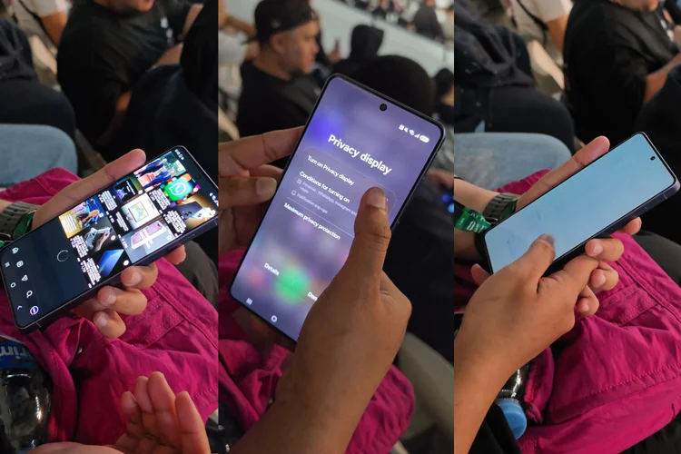 Perbandingan layar Samsung Galaxy S26 Ultra dengan fitur Privacy Display nonaktif (kiri) dan aktif (kanan). 