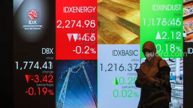 Layar menampilkan pergerakan Indeks Harga Saham Gabungan (IHSG) di Gedung Bursa Efek Indonesia, Jakarta Pusat, Senin (2/12/2023). [Suara.com/Alfian Winanto]