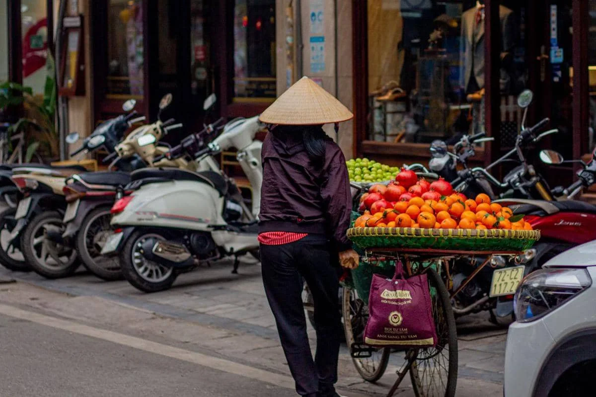 ilustrasi penjual buah di Hanoi, Vietnam, bisnis, usaha kecil