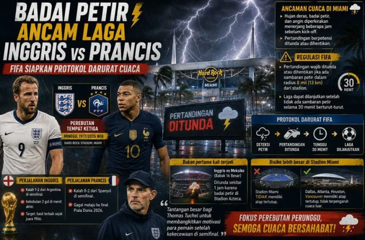 Badai Petir Ancam Laga Inggris vs Prancis, FIFA Siapkan Protokol Darurat Cuaca