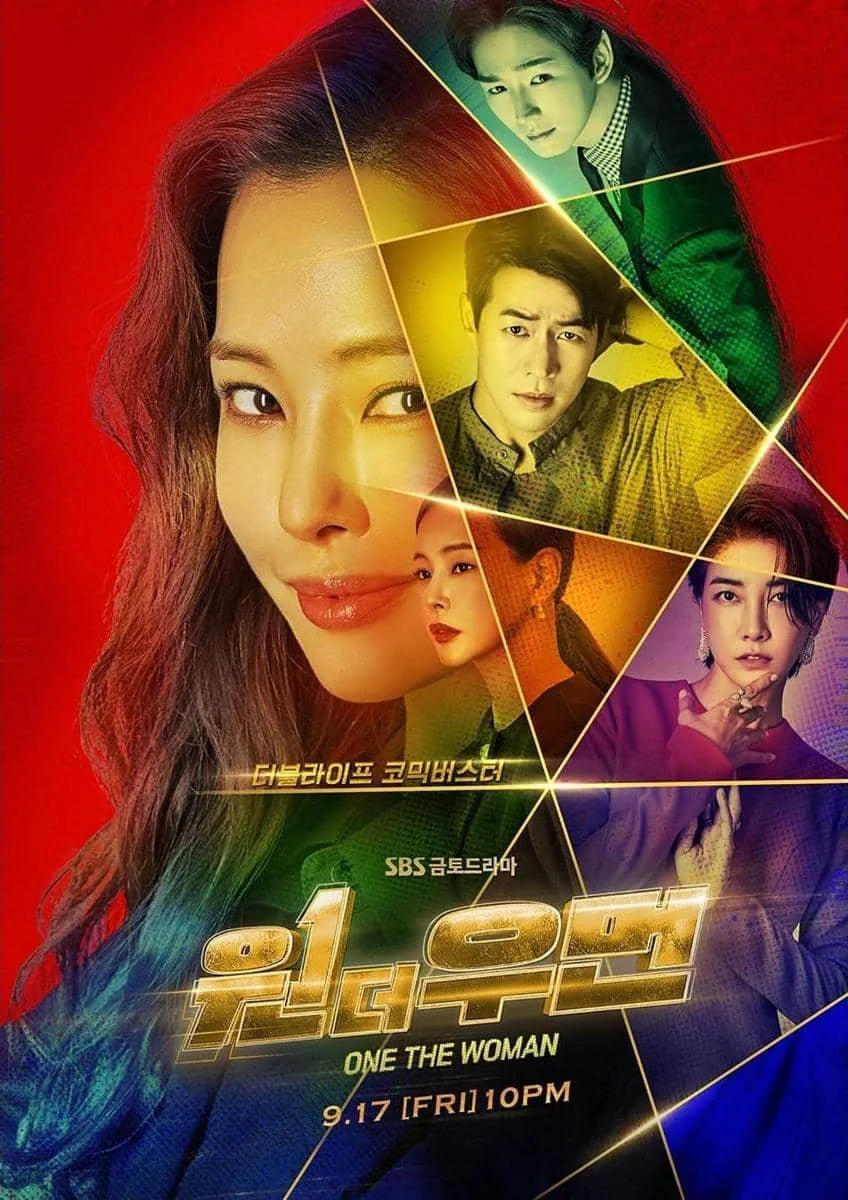 Poster drama Korea One the Woman menampilkan beberapa karakter utama dengan latar warna mencolok dan teks judul berwarna emas.