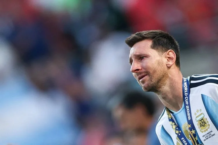 Kapten timnas Argentina, Lionel Messi, bereaksi setelah kalah dalam pertandingan final Piala Dunia 2026 antara Spanyol dan Argentina di Stadion New York/New Jersey di East Rutherford pada 19 Juli 2026.